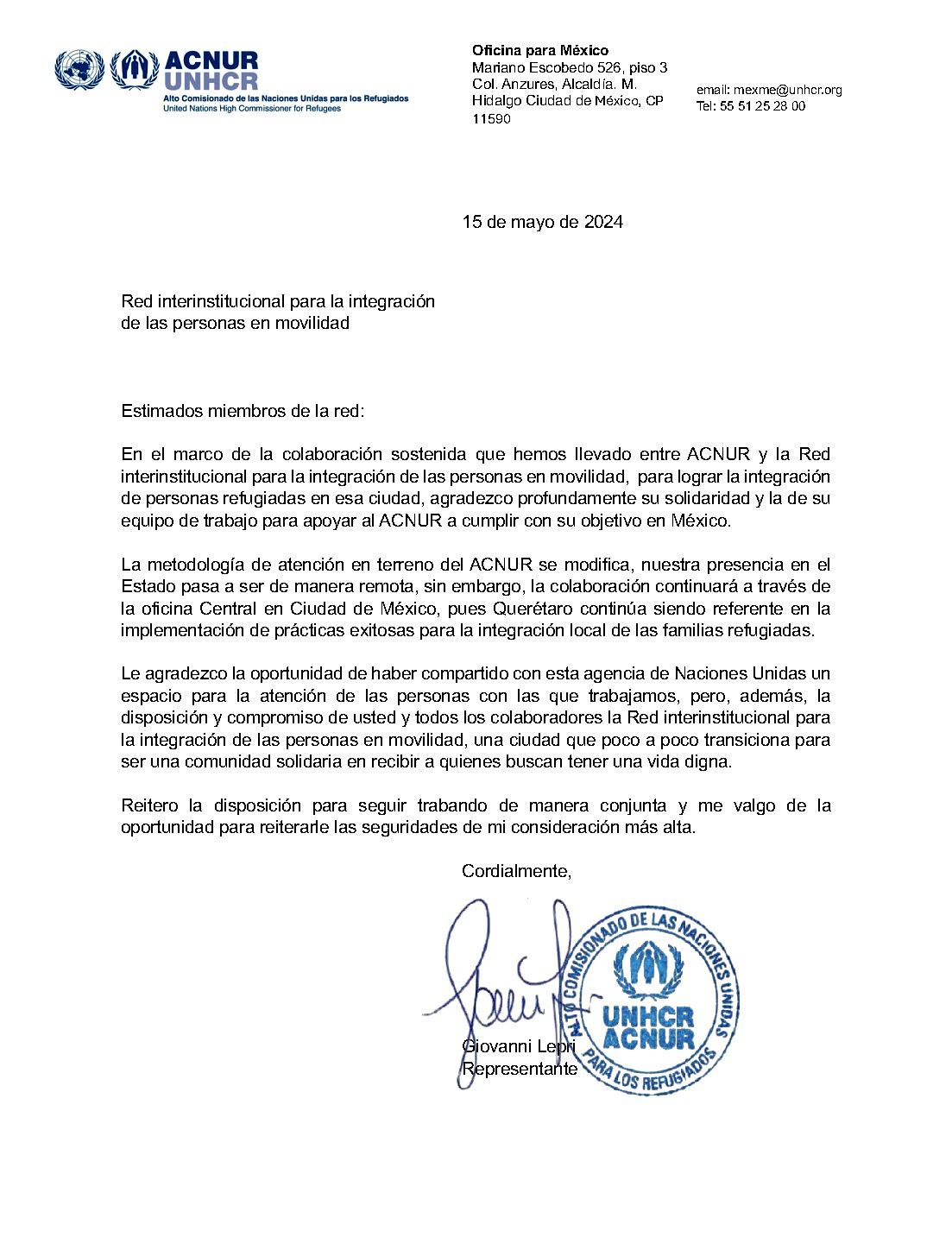 Carta dirigida a la Red Intersectorial para la Integración de Personas en Movilidad de Querétaro. Reconoce el trabajo colectivo de las organizaciones que la conforman.
